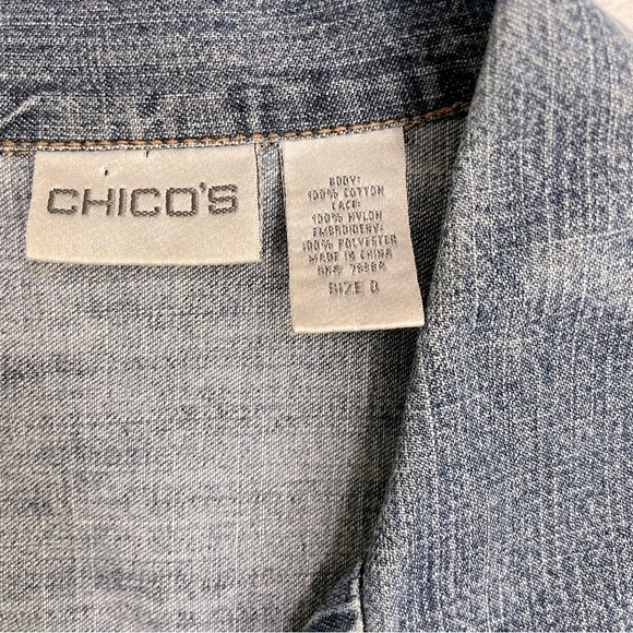 VTG Chico Designer Embroidered Lace Denim Statement Jean Jacket size 0 - Picture 9 of 12